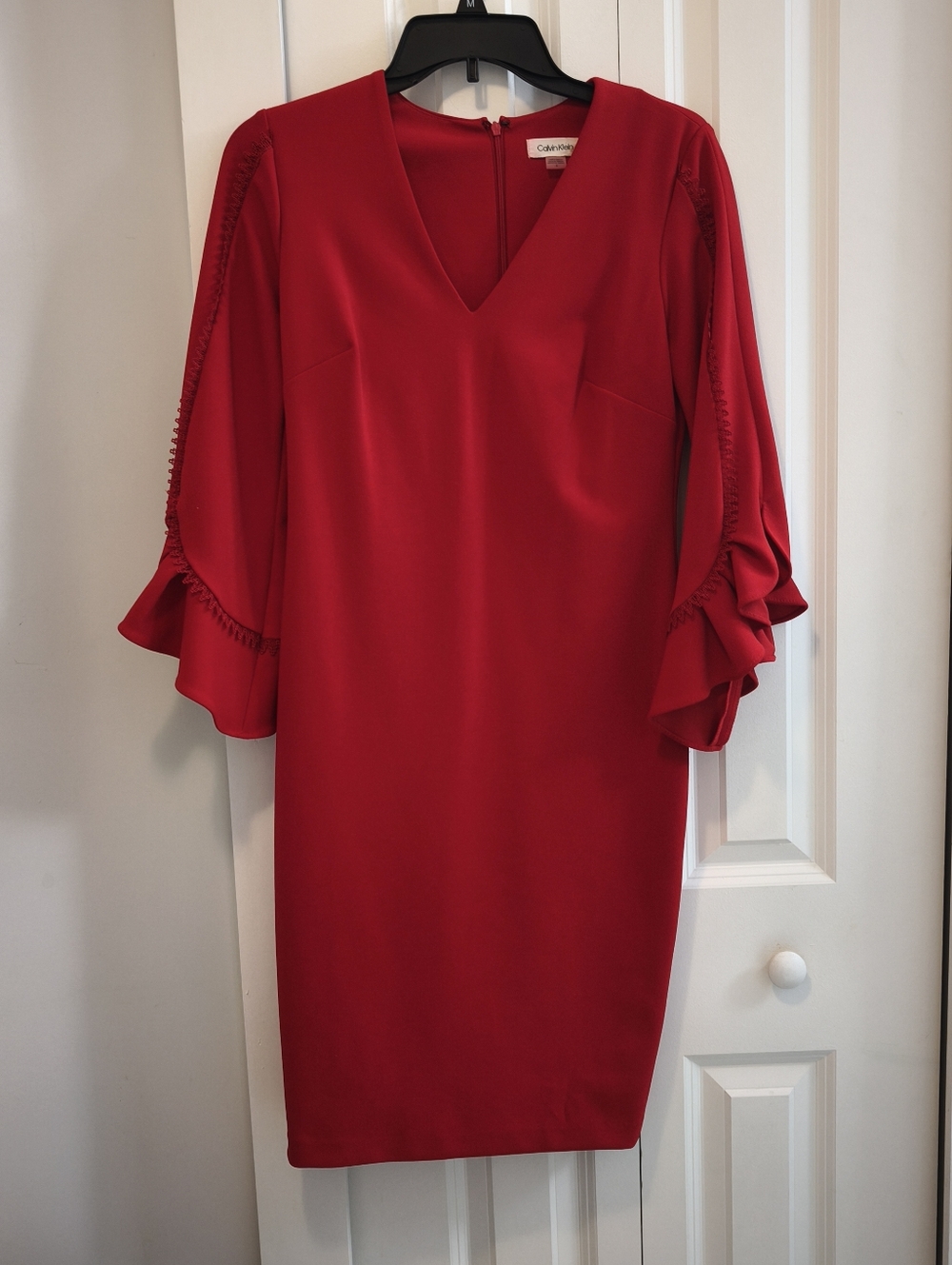 Calvin Klein Red V Neck Dress With Bell Sleeves